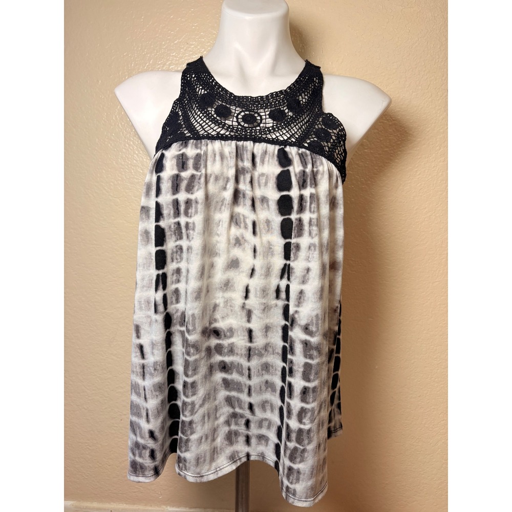Y2K No Boundaries Women Black White Tie Dye Crochet Neck Babydoll Tank Top #7